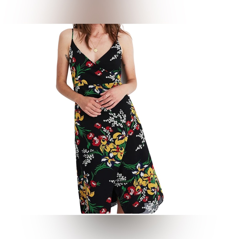 Madewell Multi-Color Cami Floral Orchid Bouquet Wrap Midi High-Low Dress Size 0 - Picture 3 of 10